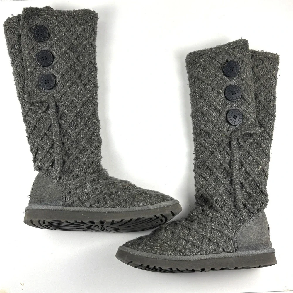 UGG Lattice Cardy Boots Women 7 Grey Knit Button Tall 3066 Cottagecore Cabincore